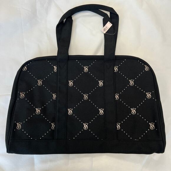 Victoria's Secret Rhinestone Bling Weekender Bag Black Duffle Quilted - Picture 1 of 3